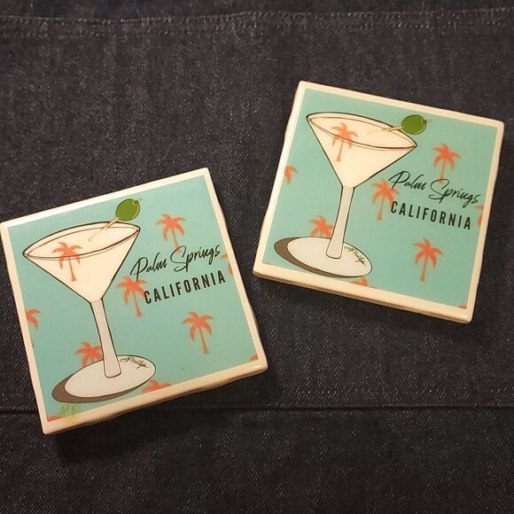Ceramic Coasters martini Palm Springs set of 2 turquoise white drink coasters - Picture 1 of 6